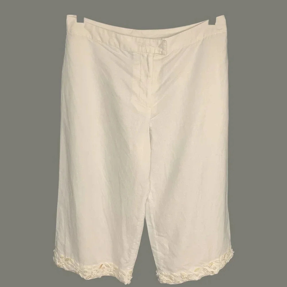 Spenser Jeremy Linen Blend Cropped Pants Women Size 12 White Shell Embellished